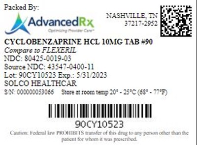 Cyclobenzaprine HCl 10mg Tab Qty 90 Ndc 80425 0019